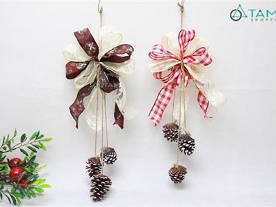 Chùm nơ vải Handamde treo 3 trái thông Vintage X-PKTBIG-06